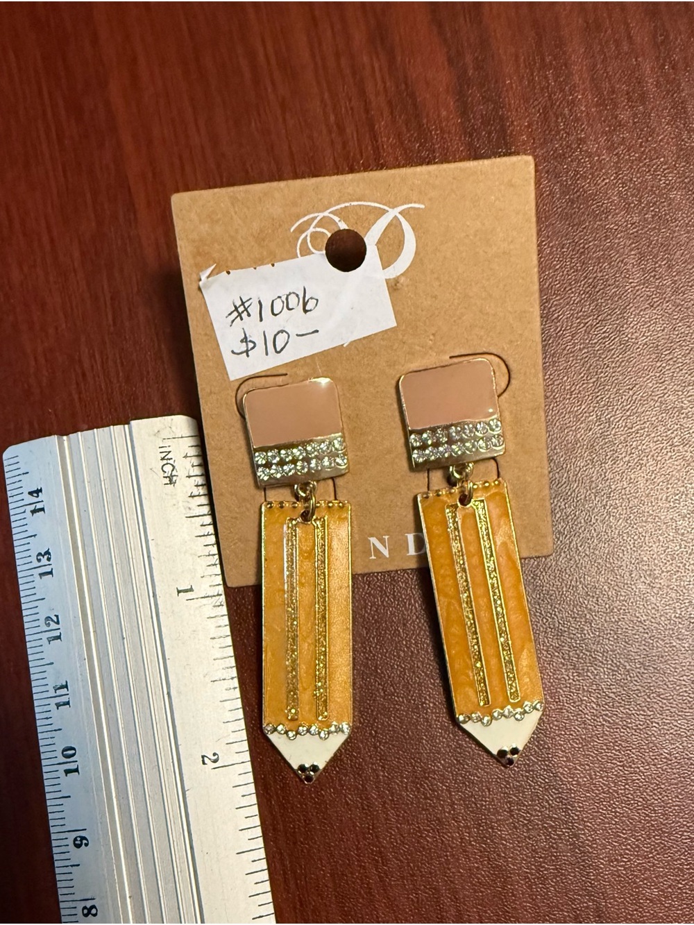 Plunder Gold and Beige Pencil Crystal Bar Drop Earrings